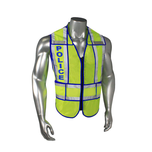 Mesh Class 2 breakaway vest w/adjust waist • 1" split 3M™ silver reflective w/contrast trim • Zip-n-Rip • Mic tabs • Made in USA Police - Blue Trim - Hi-Vis Green - Size J