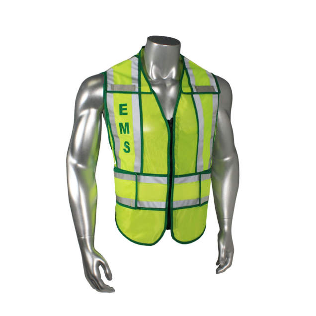 Mesh Class 2 breakaway vest w/adjust waist • 1" split 3M™ silver reflective w/contrast trim • Zip-n-Rip • Mic tabs • Made in USA EMS - Green Trim - Hi-Vis Green - Size J