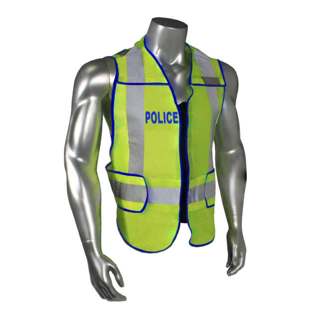 Mesh Class 2 breakaway vest w/ adjustable waist, 2" 3M™ silver reflective, Zip-n-Rip closure, Mic tabs • Made in USA Police - Blue Trim - Hi-Vis Green - Size J