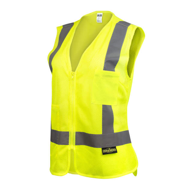 Women's Vest Mesh Polyester • 2" Silver Reflective Tape • 2 Pockets • Slight Shirt Tail Hem for Added Back Coverage • Side Slits for Better Fit at Hips • Bust Darts Hi-Vis Green - Size L