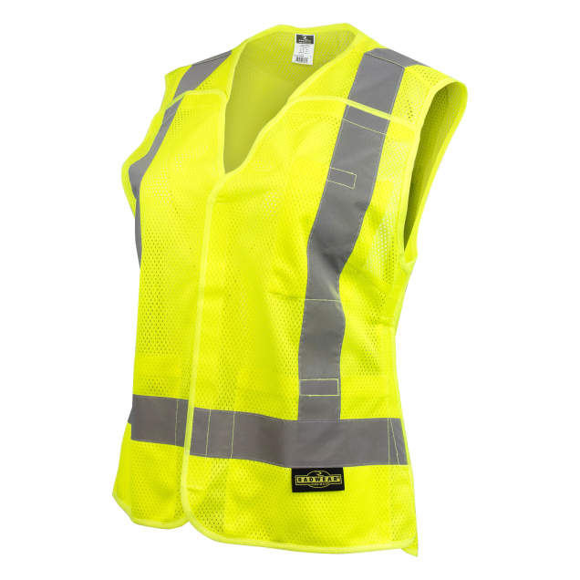 Women's Vest Mesh Polyester • 2" Silver Reflective Tape • 5 Point Breakaway • 3 Pockets • Slight Shirt Tail Hem for Added Back Coverage Hi-Vis Green - Size L