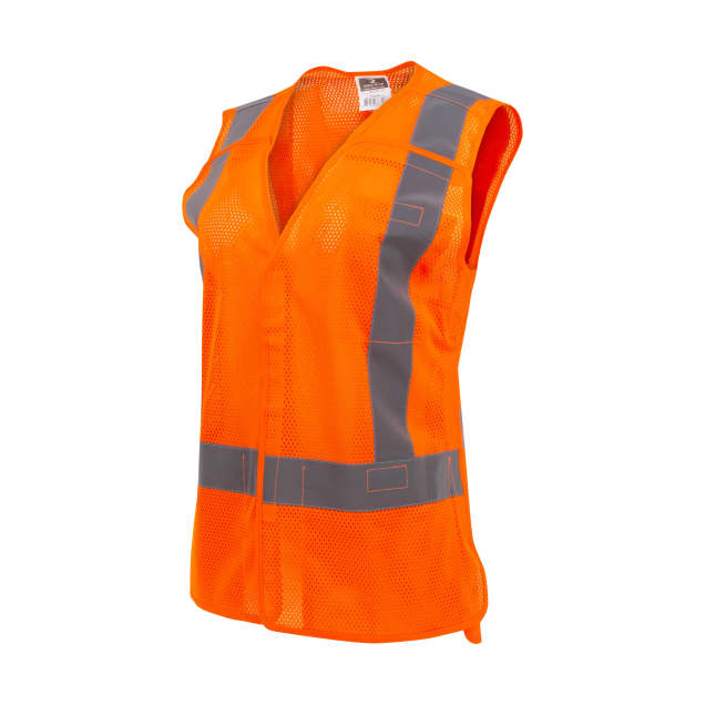 Women's Vest Mesh Polyester • 2" Silver Reflective Tape • 5 Point Breakaway • 3 Pockets • Slight Shirt Tail Hem for Added Back Coverage Hi-Vis Orange - Size M