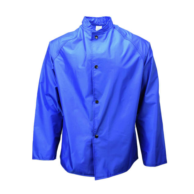 Jacket is Minimum of 30” Long • Non-Conductive Snap Front Closure with Storm Flap • Stand-Up Collar • Raglan Shoulder Design Royal Blue - Size XL