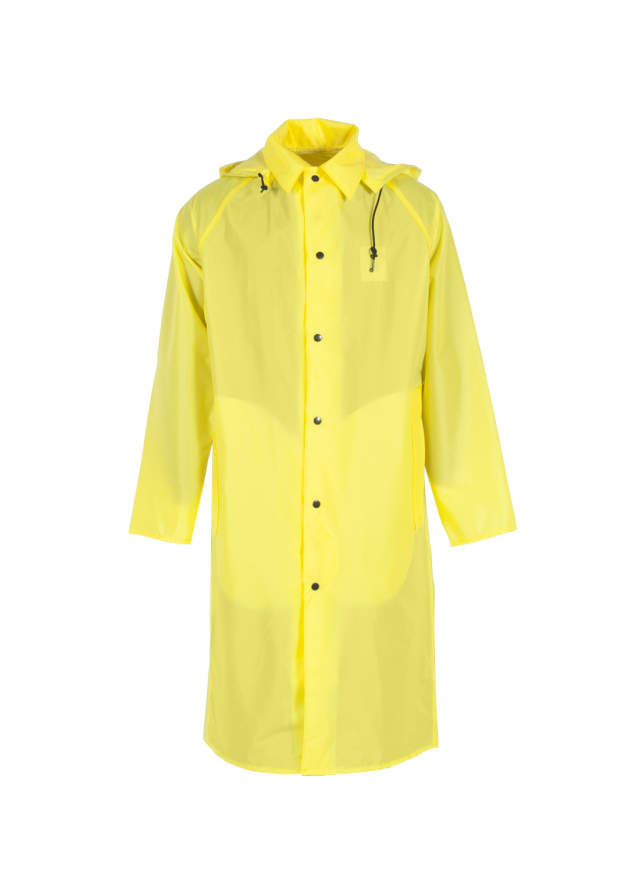48” Long Coat • Leaf Collar with Snaps for Detachable Hood • Raglan Shoulder Design • Slash Openings with Pockets on Each Side Safety Yellow - Size S