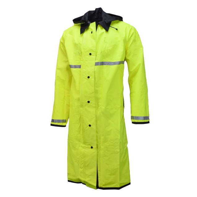 48” Long Reversible Raincoat • Leaf Collar with Hood • Snap Front Closure • 7/8” Silver 3M™ Scotchlite™ Reflective Film around Chest and Cuffs Hi-Vis Lime/Black - Size XL