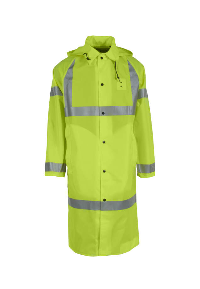 Coat ANSI/ISEA Class 3 • 48” Long Coat • Leaf Collar with Hood • Raglan Shoulder Design • Storm Flap with Snap Closure Hi-Vis Lime - Size XL