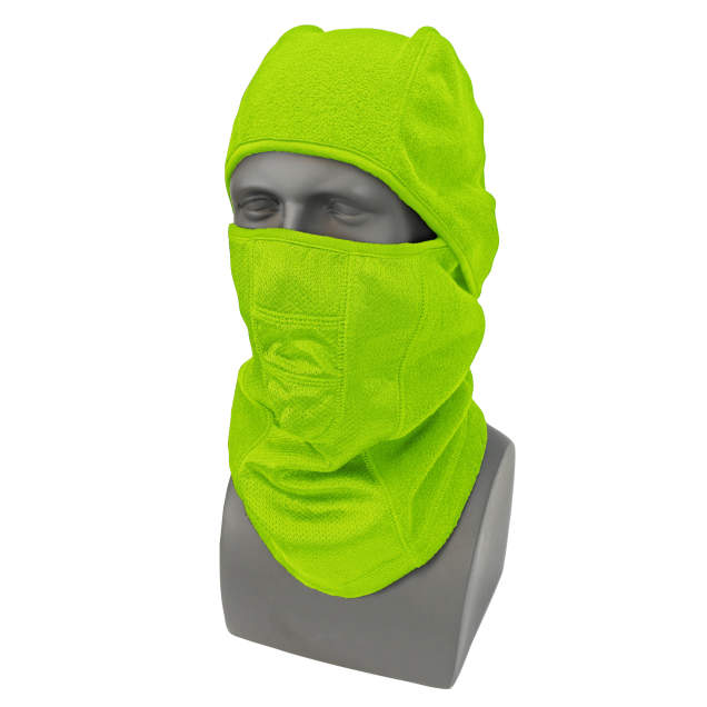 Premium 100% soft polyester fleece • Hinged design • Mesh fabric over mouth • Wear as balaclava, hood, or neck gaiter Hinged Fleece Balaclava - Hi-Vis Green