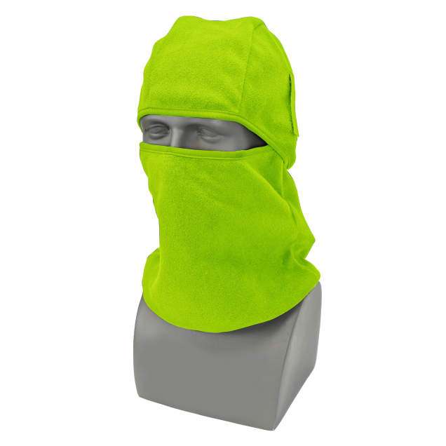 Premium 100% soft polar fleece • Hook & loop straps attach to hard hat suspension • Wear as full face mask, neck gaiter, or beanie 3-in-1 Fleece Balaclava - Hi-Vis Green