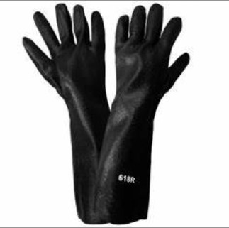 Black PVC, cotton interlock liner, semi-rough finish grip, gauntlet cuff, 18 inches in length