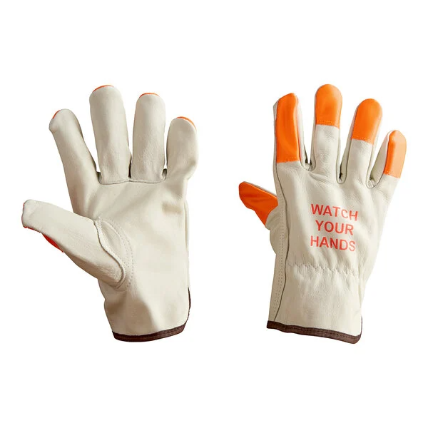 Leather Drivers gloves, standard-grade beige grain cowhide, high-visibility orange fingertips and "WATCH YOUR HANDS" 10dz/cs. (Dozen)