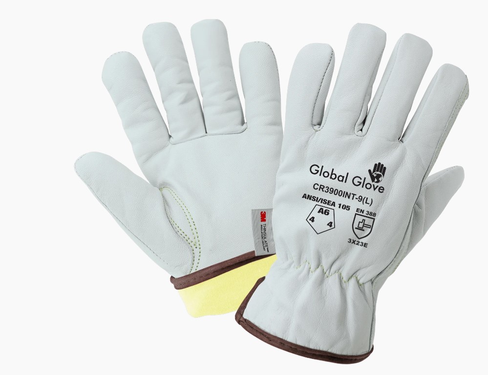 CR3900INT-dozen winter) Gloves, A6 Cut resistant low temperature leather driver. Gunn cut pattern, thin woven Aralene® inner liner, 3M™ Thinsulate™, keystone thumb, ANSI/ISEA 105 cut level A6, abrasion level 4, puncture level 4.    3dz/cs