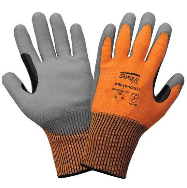 CR919-PAIR Samurai Glove® - High-visibility Orange Tuffalene® brand UHMWPE liner, gray polyurethane dipped palm, 3 finger touch screen responsive fingertips, nitrile reinforced thumb crotch, ANSI cut level A4, ANSI puncture level 2.
