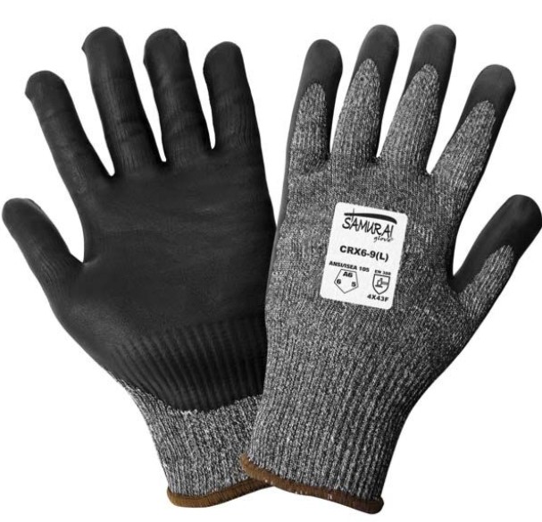 *DicontinuedGloves, Samurai enhanced Tuffalene brand HDPE liner, salt and pepper color, seamless 10-gauge shell, with a black foam nitrile dipped palm, slip-on style with elastic wrist