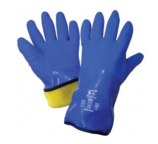 8490-DOZEN FrogWear® - Supported chemical handling gloves, triple-dipped in premium-grade blue PVC, 13-gauge seamless cotton liner plus 7-gauge brushed acrylic terry cloth dual inner liner, antimicrobial treated liner, sandpaper grip finish, gauntlet cuff, 12 inches in length.  6 dozen pairs per case.