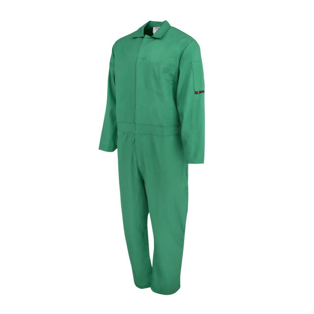 Coverall, FR, 100% cotton sateen welding coverall, Adjustable sleeve cuffs & leg openings, Elastic back waistband, 5 pockets, ATPV 9.2 Cal/cm², CAT 2, ASTM F1959 & F1506 Green.