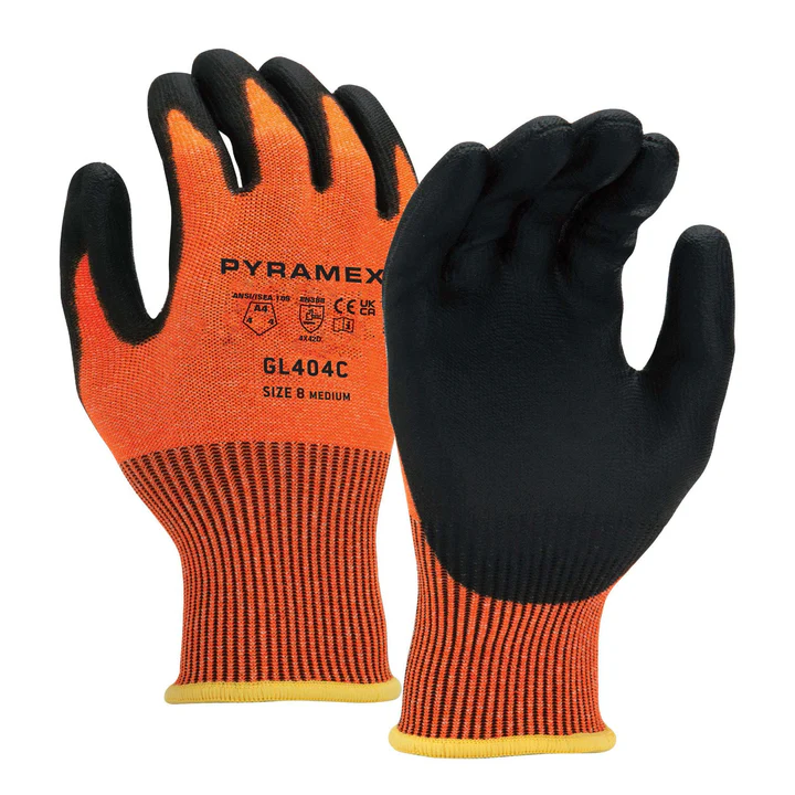 GL404C-PAIR Gloves, PU 13g HPPE HiVis Org Liner A4 Cut