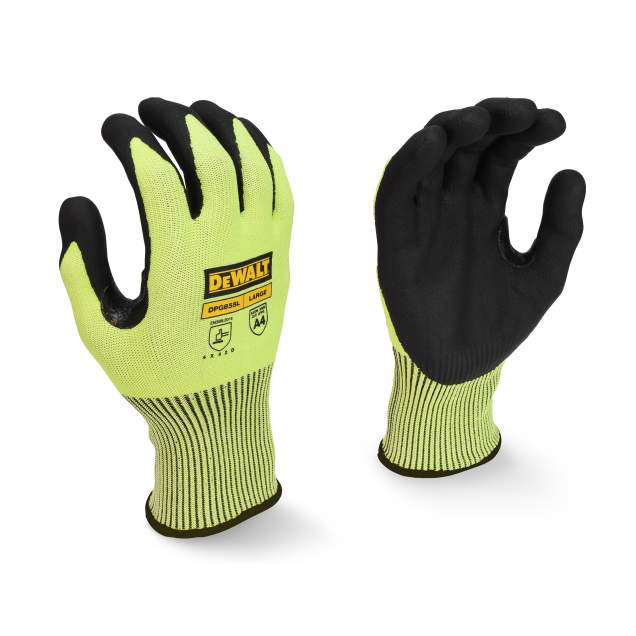 DPG855-PAIR Glove ANSI Cut Level A4 •Coated Work Gloves • Hi-Vis Green HPPE Cut Resistant Fibers • Nitrile Coating • EN388: 4 X 4 2 D