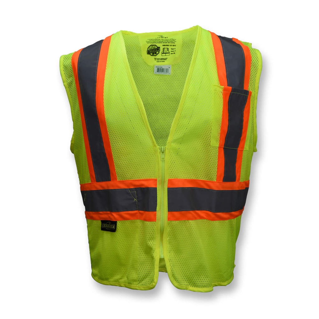 Vest, Self Extinguishing Treated Fabric • Two-Tone Reflective Trim • Zipper Closure • ANSI/ISEA 107 Type R Class 2 Hi-Vis Green 