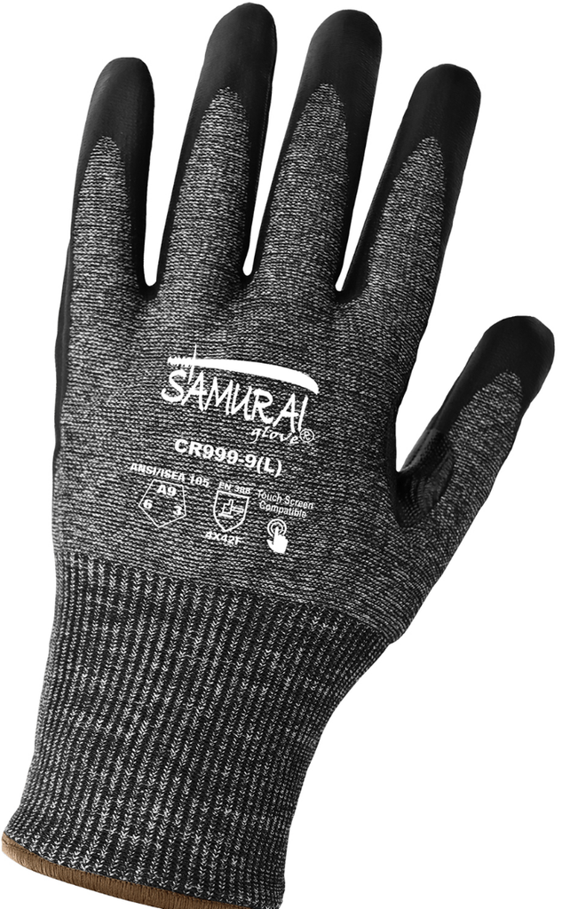 Samurai Glove® - Cut resistant gloves, 18-gauge salt-and-pepper seamless Tuffalene® UHMWPE shell, black foam nitrile-coated palm, reinforced thumb crotch, touch screen compatible fingertips, knit wrist.  ANSI/ISEA 105 cut level A9, abrasion level 6, puncture level 3.  FDA compliant.  6 dozen pairs per case. (copy)