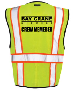 ***Bay Crane logo: back between shoulder "Bay Crane Midwest" in black,  underneath  "CREW MEMBER" in black on. ***