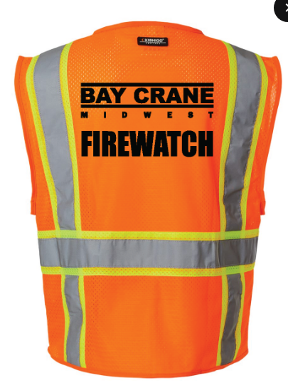 ***Bay Crane logo: back between shoulder "Bay Crane Midwest" in black,  underneath  "FIREWATCH" in black. *** 
