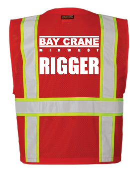 ***Bay Crane logo: back between shoulder "Bay Crane Midwest" in white,  underneath  "RIGGER" in white.***