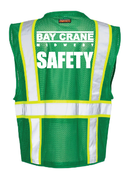 ***Bay Crane logo: back between shoulder "Bay Crane Midwest" in white,  underneath  "SAFETY" in white.***
