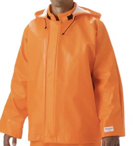 [4001JFO-L] Fluorescent orange waist length jacket with Velcro storm fly front with zipper, Velcro tab sleeve take ups, self collar with hood snaps. LRG