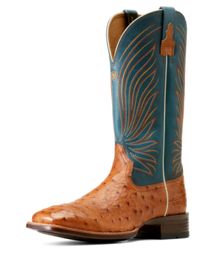 [10046963] BOOTS, MNS BRANDIN ULTRA ANTIQUE TAN FULL QUILL OSTRICK/DEEP BLUE