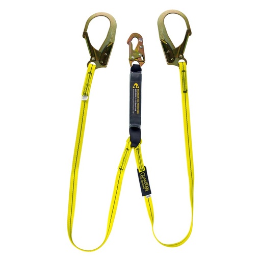 [46132] (GUARDIAN CSA) 6 ft external energy absorbing lanyard, dual, yellow, standard 1 inch web, steel snap one end, 2.5 inch rebar hooks opposite ends - Shock Absorbing Lanyards