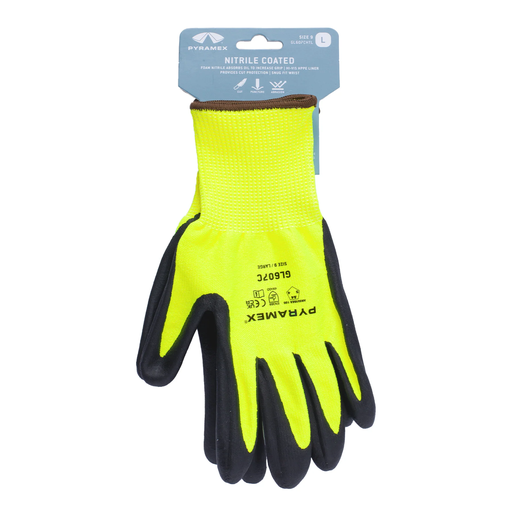 GL607CHT-PAIR Gloves, Foam Nitrile 13g HPPE HiVis Lime A4 Cut- Hang Tagged