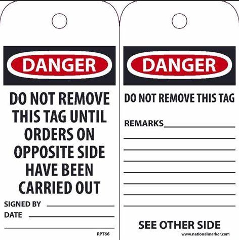 [RPT66] TAGS, DANGER DO NOT REMOVE THIS TAG UNTIL. . ., 6X3, UNRIP VINYL, 25/PK