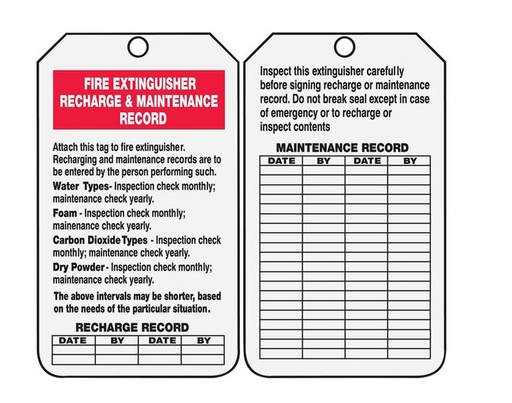 [TRS211CTP] Fire Extinguisher Status Safety Tag: Fire Extinguisher Recharge & Maintenance Record