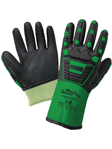 Gloves, Vise Gripster® C.I.A. - Supported chemical, cut, and impact resistant gloves. 12 inches in length.  ANSI/ISEA 105 A4/5/2.  ANSI/ISEA 138 impact level 2.  ANSI/ESD anti-static/electrostatic compliant.  3dz/cs