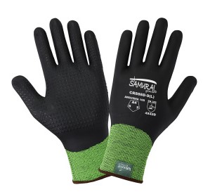CR888D-DOZEN Samurai Glove® - Cut resistant gloves, 18-gauge lightweight high-visibility yellow/green seamless Tuffalene Platinum UHMWPE shell, black foam nitrile fully-coated with nitrile dots, knit wrist.  ANSI/ISEA 105 cut level A4, abrasion level 5, puncture level 3.  6 dozen pairs per case.