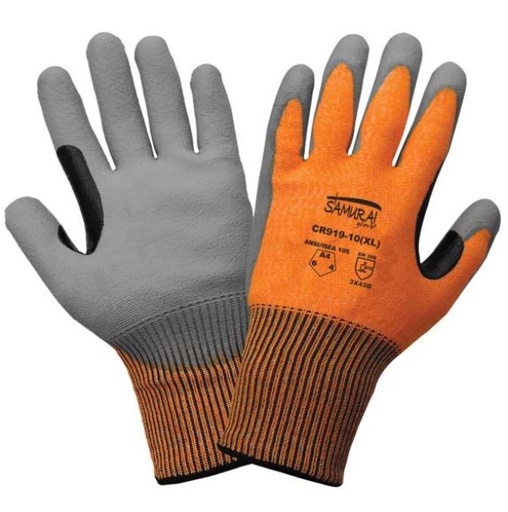 CR919-PAIR Samurai Glove® - High-visibility Orange Tuffalene® brand UHMWPE liner, gray polyurethane dipped palm, 3 finger touch screen responsive fingertips, nitrile reinforced thumb crotch, ANSI cut level A4, ANSI puncture level 2.