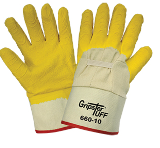 [660] Gripster® - These gloves are constructed of five pieces of heavy natural color cotton cavas with a three-quarter dip of rubber with a wrinkle finish and a rubberized safety cuff.