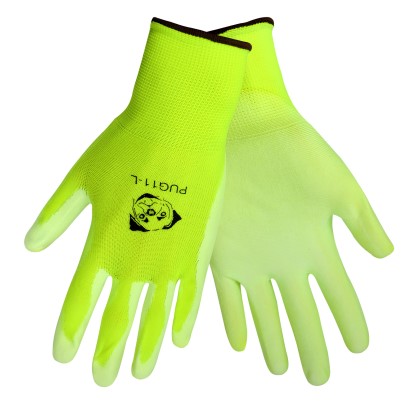 Pug-11-DOZEN General purpose gloves, 13-gauge high-visibility yellow/green seamless nylon shell, white smooth polyurethane-coated palm, knit wrist 12dz/case