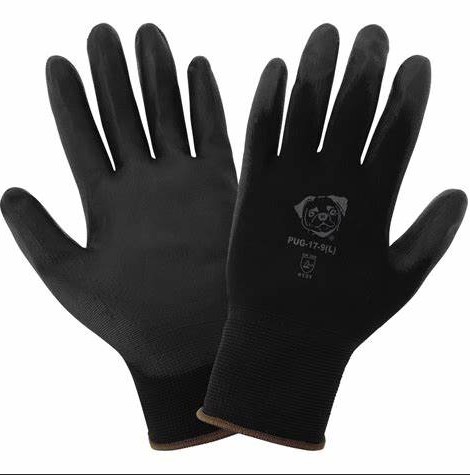 PUG-17- DOZEN General purpose gloves, 13-gauge black seamless nylon shell, black smooth polyurethane-coated palm, knit wrist.  ANSI anti-static/electrostatic compliant.  Each pair is individually packaged in a polybag, 12 dozen pairs per case.