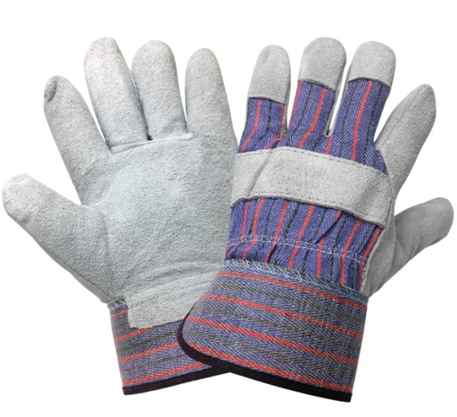 2300-DOZEN Leather palm gloves, economy-grade gray split cowhide leather, leather knuckle band, gunn cut pattern, 7-ounce blue/red/black cotton back, wing thumb, rubberized safety cuff.  6 dozen pairs per case.  Sold by the case.