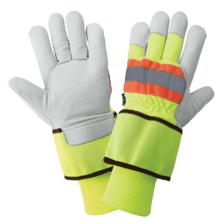 2950HVDC-Dozen Low-temperature leather palm gloves, premium-grade white grain goatskin leather, waterproof bladder, silver reflective knuckle with contrasting orange trim, 140 grams Cold Keep® insulation, high-visibility yellow/green nylon back, wing thumb, dual cuff (safety cuff and knit wrist).  