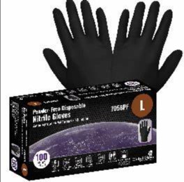 705BPF-Box Industrial-grade disposable gloves, powder-free, black nitrile, 5-mil thickness, textured fingertips, 9.5-inches long, ambidextrous, rolled/beaded cuff.  FDA compliant.  Anti-static/electrostatic compliant.  100 gloves per box, 10 boxes per case.  Sold by the case.