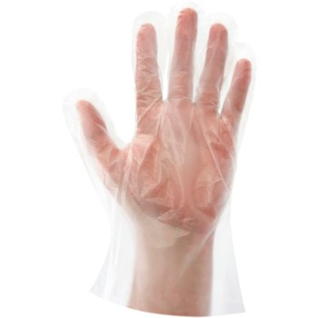 9600-PER BOX Industrial-grade disposable gloves, powder-free, clear high-density polyethylene (HDPE), embossed finish, 11-inches long, ambidextrous.  FDA compliant.  500 gloves per box, 10 boxes per case.  Sold by the case.  