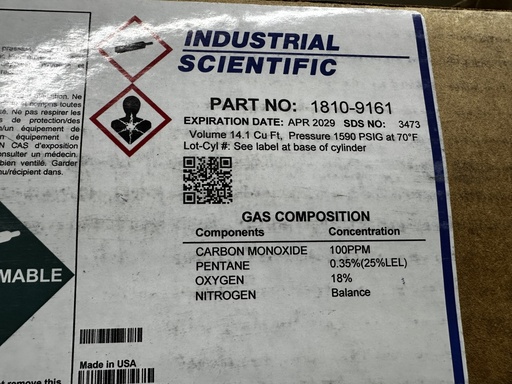 [18109161] Cylinder, Calibration Gas, 100 ppm Carbon Monoxide, .35% Pentane (25% LEL), 18% Oxygen, Steel, 552L