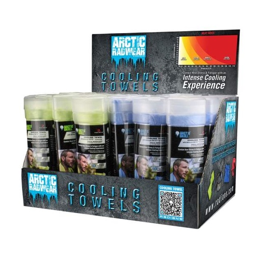 [RCS-CD3] Corrugated Counter Display with Header Graphic Cooling Towels - 12 Blue, 12 Hi-Vis Lime
