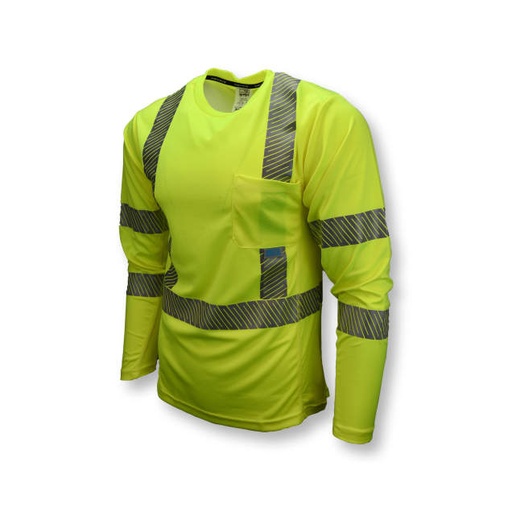 [ST31-3PGS-3X] Max-Dri Moisture Wick Long Sleeve TShirt w/RADCOOL • 2" Segment Tape • 2 Horiz Tape on Sleeve • Mesh Seam Insert • ANSI/ISEA 107 Type R Class 3 Hi-Vis Green - Size 3X