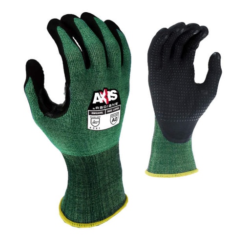 [RWG538M] Glove ANSI Cut Level A2 • 18 Ga Green HPPE Shell • Black Foam Nitrile Palm Coating with Dots • EN388: 4 X 4 1 B Size M
