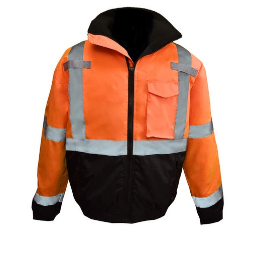 [SJ11QB-3ZOS-XL] Jacket Quilted Liner • Color Blocked Bottom • Concealed Attached Hood • 4 Pockets • PU Coated Poly Weatherprf Shell • ANSI/ISEA 107 Type R Class 3 Hi-Vis Orange / Black - Size XL