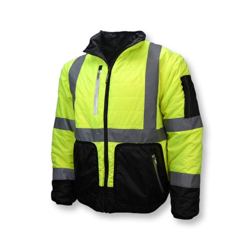 [SJ510-3ZGS-S] Reversible Jacket • Zip-Off Sleeves • Reflective Zippers • Heavy Duty Coated Poly • Multiple Pockets • ANSI/ISEA 107 Type R Class 3 Hi-Vis Green / Gray - Size S