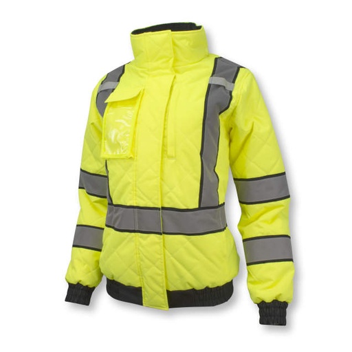 [SJ930-3ZGW-S] Women's Jacket Class 3 High Visibility • Silver Reflective Tape • Black Contrast Trim • Diamond Quilted PU Coated Polyester Shell • Fleece Lined • 6 Pockets Hi-Vis Green - Size S